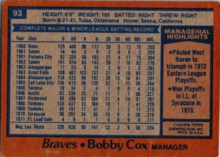 Bobby Cox Biography, Age, Height, Wife, Net Worth, Family